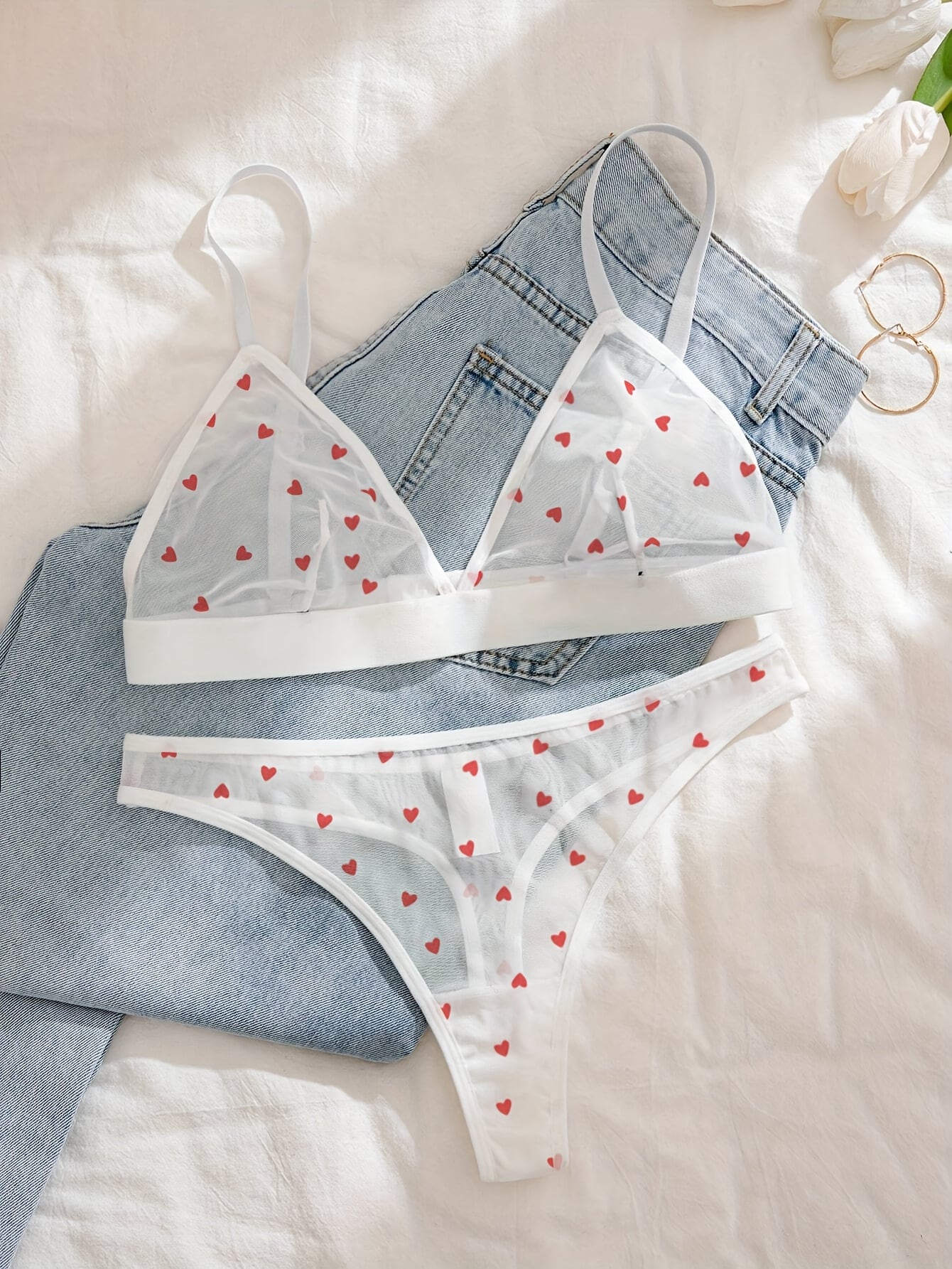 2pcs Mesh Print Triangle Cup Thong Set