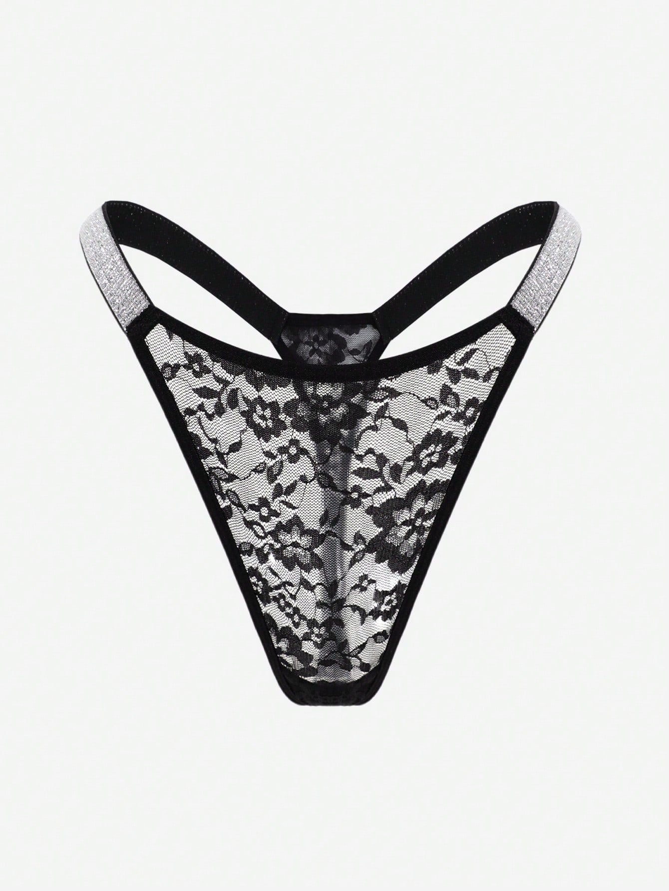 Tanga de encaje negro con cinta elástica con brillo, vista frontal